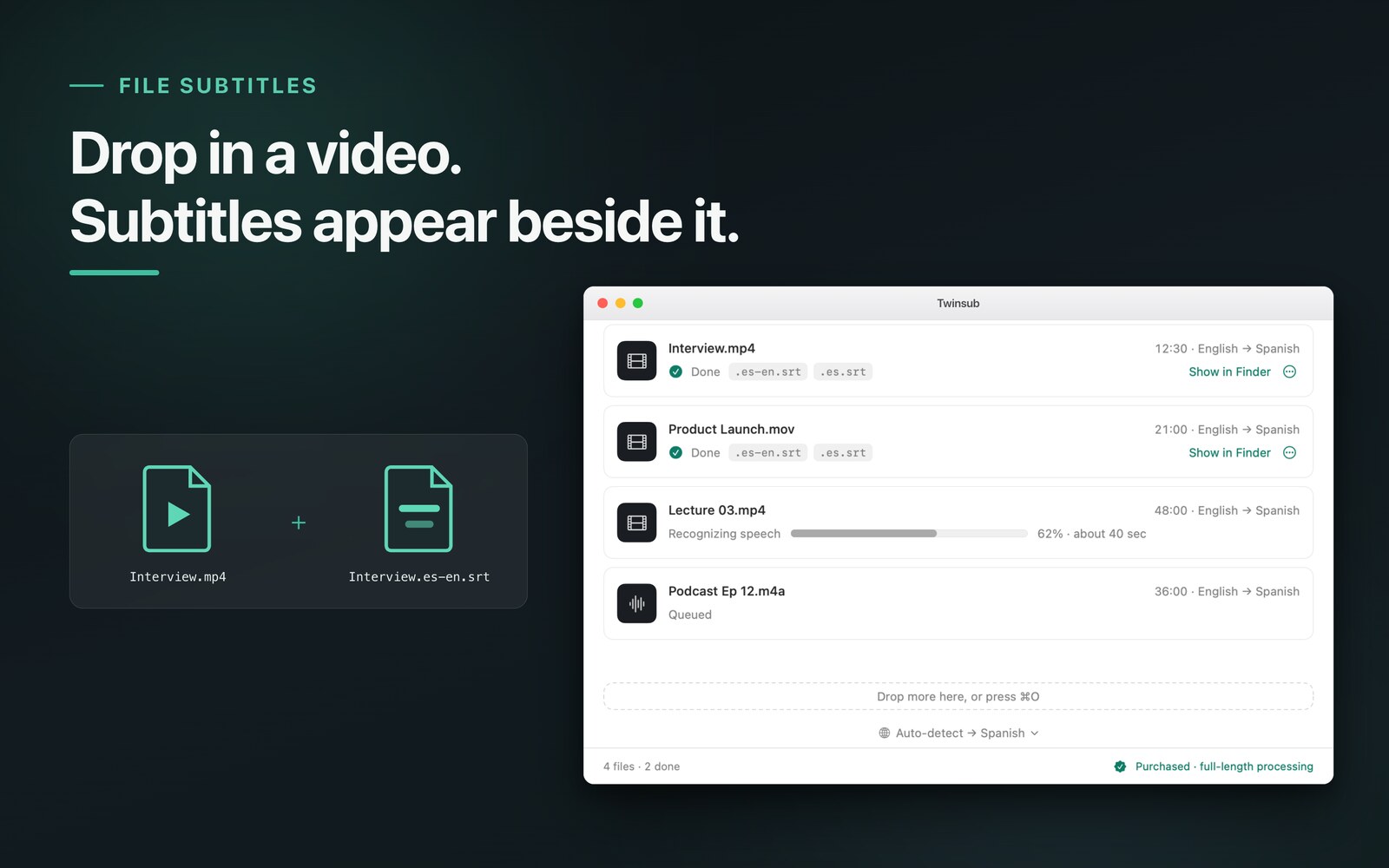 Twinsub main window: finished videos in the queue, with the generated subtitle files next to them